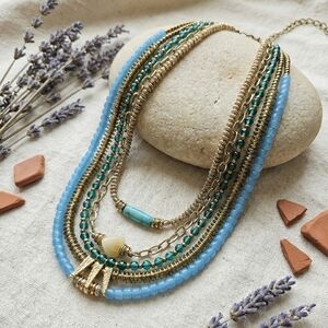 Antique Gold Finish Layered Necklace Blue Beaded Multi Strand Boho Statement 17